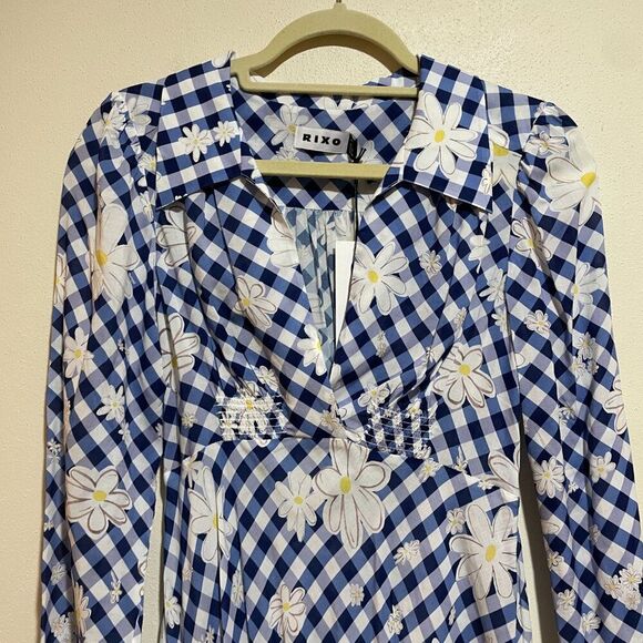 Rixo 2 Renata Blue Gingham Daisy Floral Collared Long Sleeve Mini Dress Retro - Picture 3 of 12